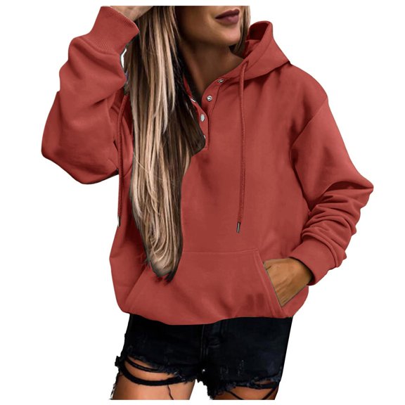 Bmisegm Women Casual Solid Sweatshirt Pocket Hooded Strap Long Sleeve Loose Top Hoodies for Women for Everyday Comfort Orange XXXL