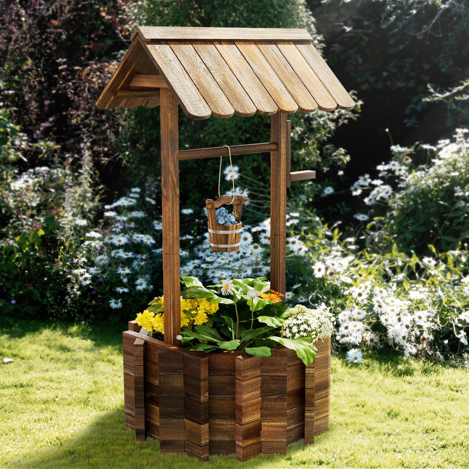 Bapipro Big Wishing Well Planter with Hanging Bucket for Flower and Plants, Wooden, Brown