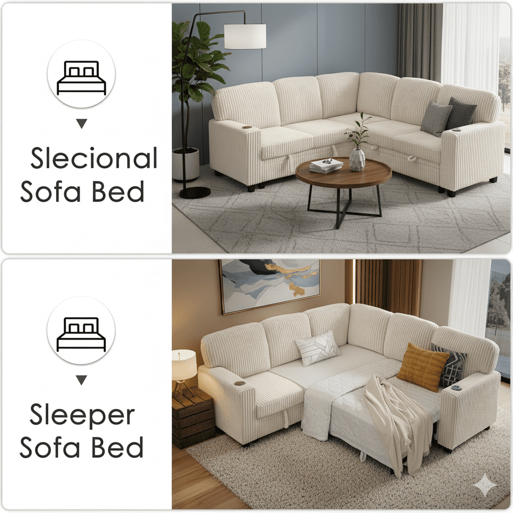 81" Modular Sectional Sofa, Corduroy Pull Out Couch Bed Sleeper Sofa Bed with Storage Seat, Cup Holders & USB/Type-C Ports, V Shaped Sectional Couch for Home Living Room (Beige)