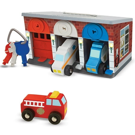Melissa & Doug Toy Keys and Cars Wooden Rescue Vehicles and Garage (7 (Best Wooden Toy Garage)