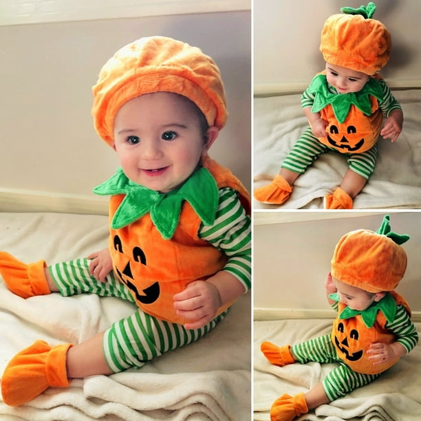 Nouveau-né Bébé Fille Garçon Halloween Citrouille Costume Romper Robe  Chaussures Chapeaux Tenues 0-3ans 
