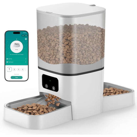 Automatic Cat Feeder for 2 Cats 6L Capacity Dual Stainless Steel Bowls WiFi App Control Voice Recording Timed Dry Food Dispenser White