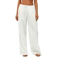 thumbnail image 2 of Cotton Linen Pants Women Flowy Comfy Low Rise Wide Leg Pants Casual Lounge Drawstring Boho Beach Palazoo Trousers White XL, 2 of 6