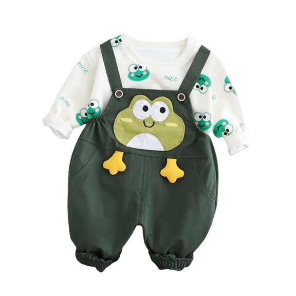 Infant Long Sleeve Shirt and Overalls Set with Cartoon Frog Print Soft Cotton Blend Comfortable Fit Children Outfit