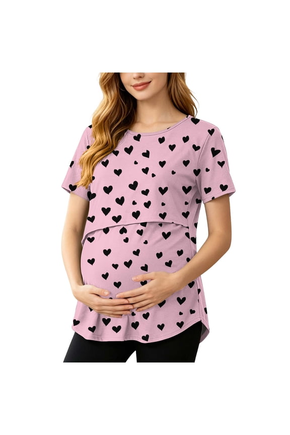 Maternity T Shirts Padded Ladies Fashion Heart Print Short Sleeve Breastfeed Pregnant Woman Breathable Casual Top Pink 3X