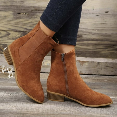 

Zedker Women Snow Boots Womens Wide Boots Women s Fall Winter Solid Color Flock Boots Chunky Heel Middle Heel Short Boots Pointed Toe Boots