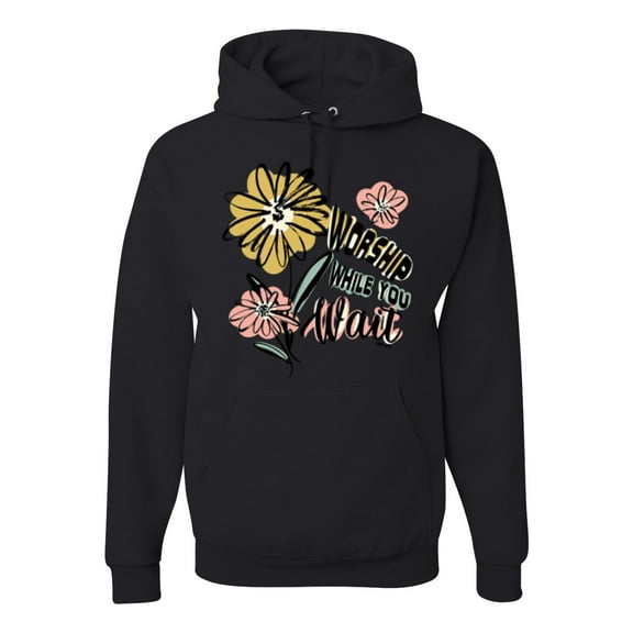 Wild Bobby Worship While You Wait Sunflower Pink and Yellow Inspirational/Christian Unisex Hoodie Sweatshirt, Black, Small