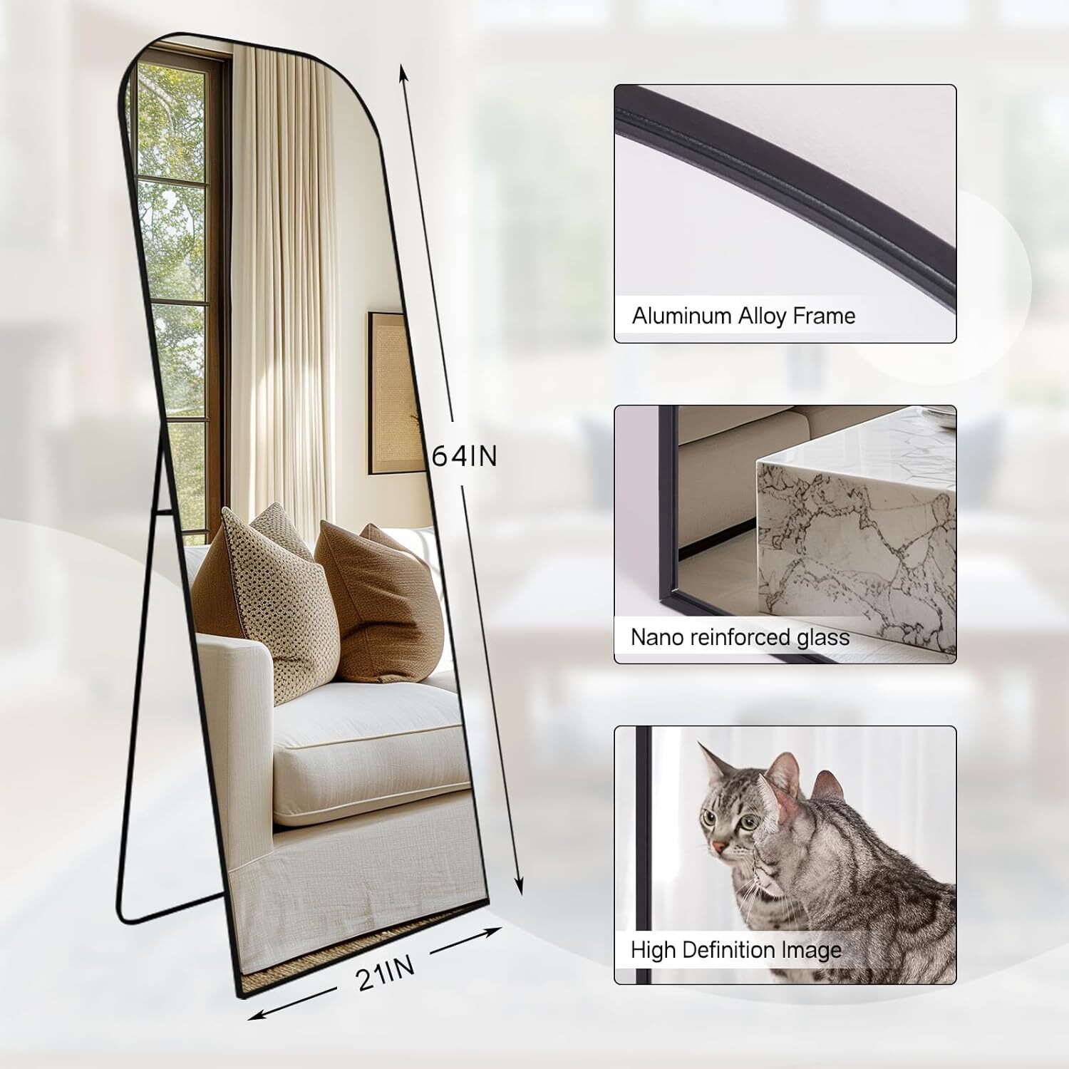 Easy4Home 64"x21" Arched Full Length Mirror Metal Frame Freestanding Mirror Wall-Mounted, Black