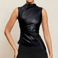 thumbnail image 5 of Women' Solid Mock Neck Sleeveless PU Leather Pleated Slim Fit Tank Top Black XS, 5 of 6