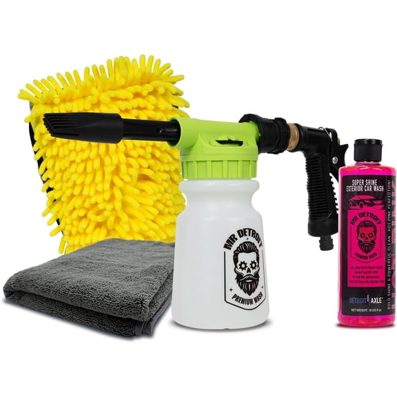 Mr. Detroit - 4pc Car Wash Kit with Foam Blaster, 16oz Car Wash Soap, Chenille Car Wash Glove, Drying Towel, Scratch-Free Foam Cannon Streak-Free Exterior Cleaning for Auto Detailing & Home Use