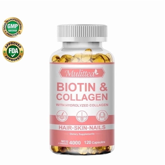 4000MCG Biotin Collagen Capsule - Types I, III, Collagen for Women & Men - Hair Growth Support Supplement - Skin, Nails Beauty Complex - 120 Count