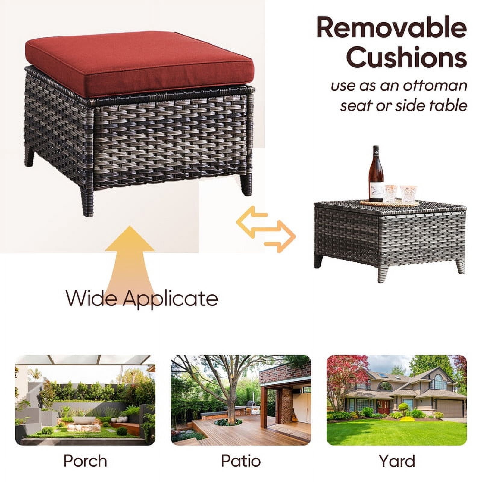 PARKWELL 2PCS Outdoor Wicker Ottoman Patio Rattan Furniture Footrest Seat Square Footstool w/Red Cushion