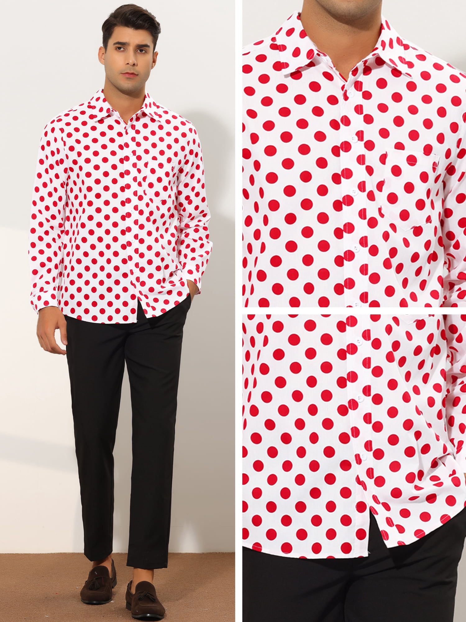 Unique Bargains Men's Polka Dots Dress Shirt Button Down Long Sleeve Casual Shirts 2XL Red