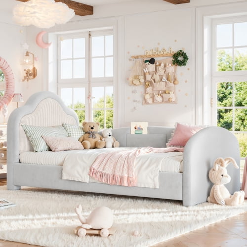 Twin Size Upholstered Kids Floor Bed with Curved Headboard, Safety Side Rails and Storage Pocket, Light Gray