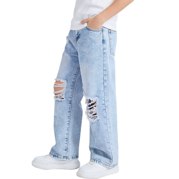 Hellosay Ripped Jeans for Boys 12-13T Wash Ripped Casual Baggy Straight Wide Leg Trousers with Pockets Denim Pant