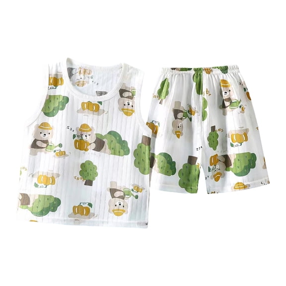 Qingpeng Kids Unisex Summer Casual Set Crew Neck Sleeveless Bear Pumpkin Printed Top And Elastic Waist Shorts Lightweight For Home Matching Outfit Set For Kids