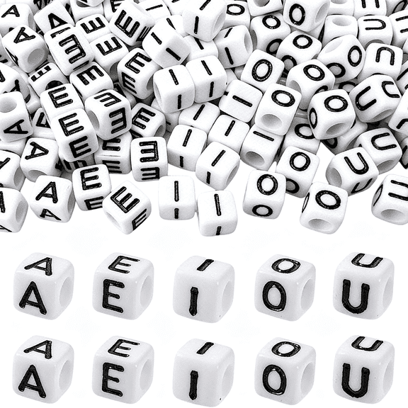 BZCOE 500Pcs Vowel Pony Beads Letters for Keychains Making(A,E,I,O,U),6X6Mm Large Hole Vowel Square Letter Beads for Bracelets Making,Alphabets,Numbers(White&Black)