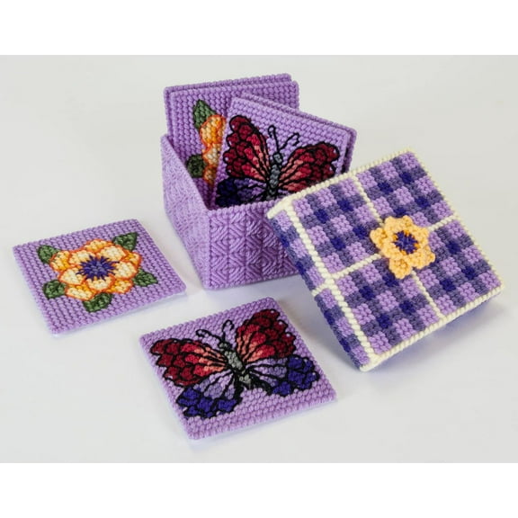 Mary Maxim Summer Flutter Coasters and Holder Plastic Canvas Kit - Set of 6