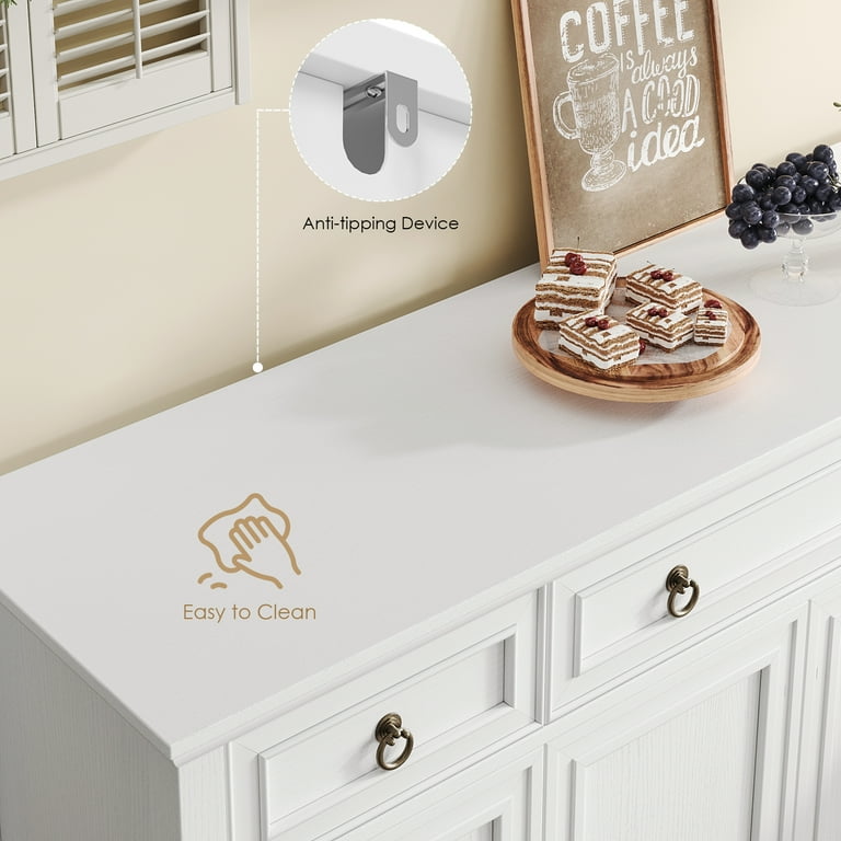 Homfa White 53.5” Buffet Cabinet, 3 Drawers & 4 Doors, Adjustable