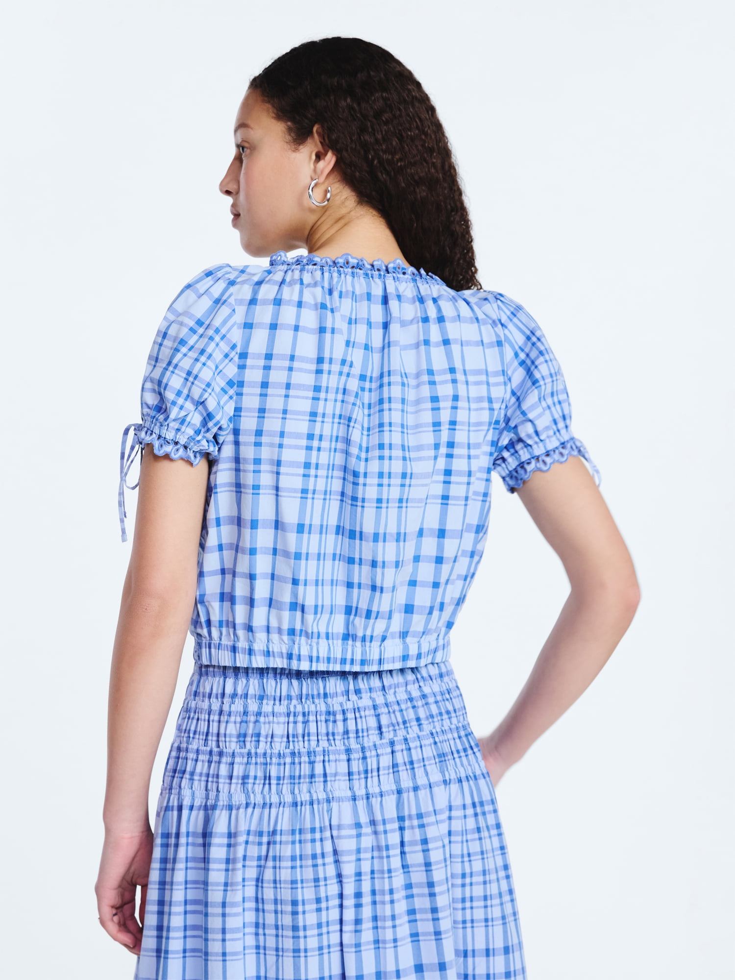 Free Assembly Women's and Women's Plus Embroidered Cropped Cotton Top with Short Sleeves, Sizes-XS-4X