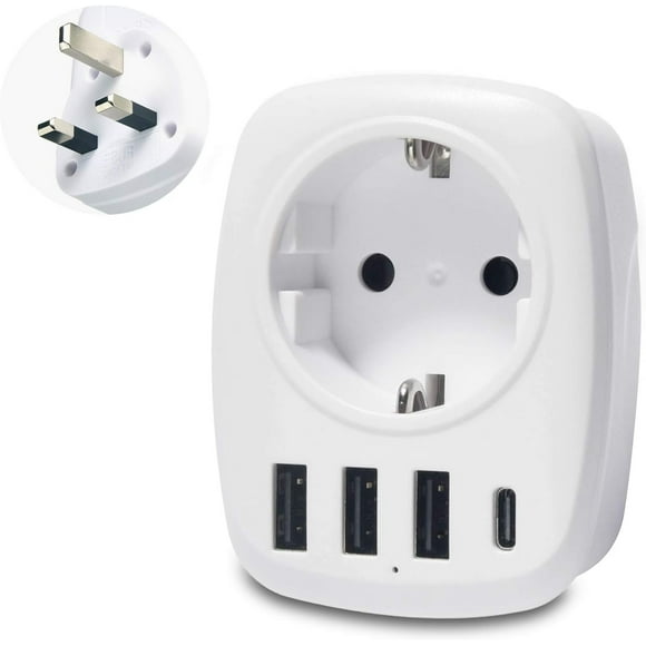 Travel Adapter, UK Adapter, England, Germany, Plug with 3 USB, 1 Type C, AC Plug Adapter, Travel Plug, Power Adapter, Schuko to Type G, Great Britain, Ireland, Wall Charger, Charging Station, Socket