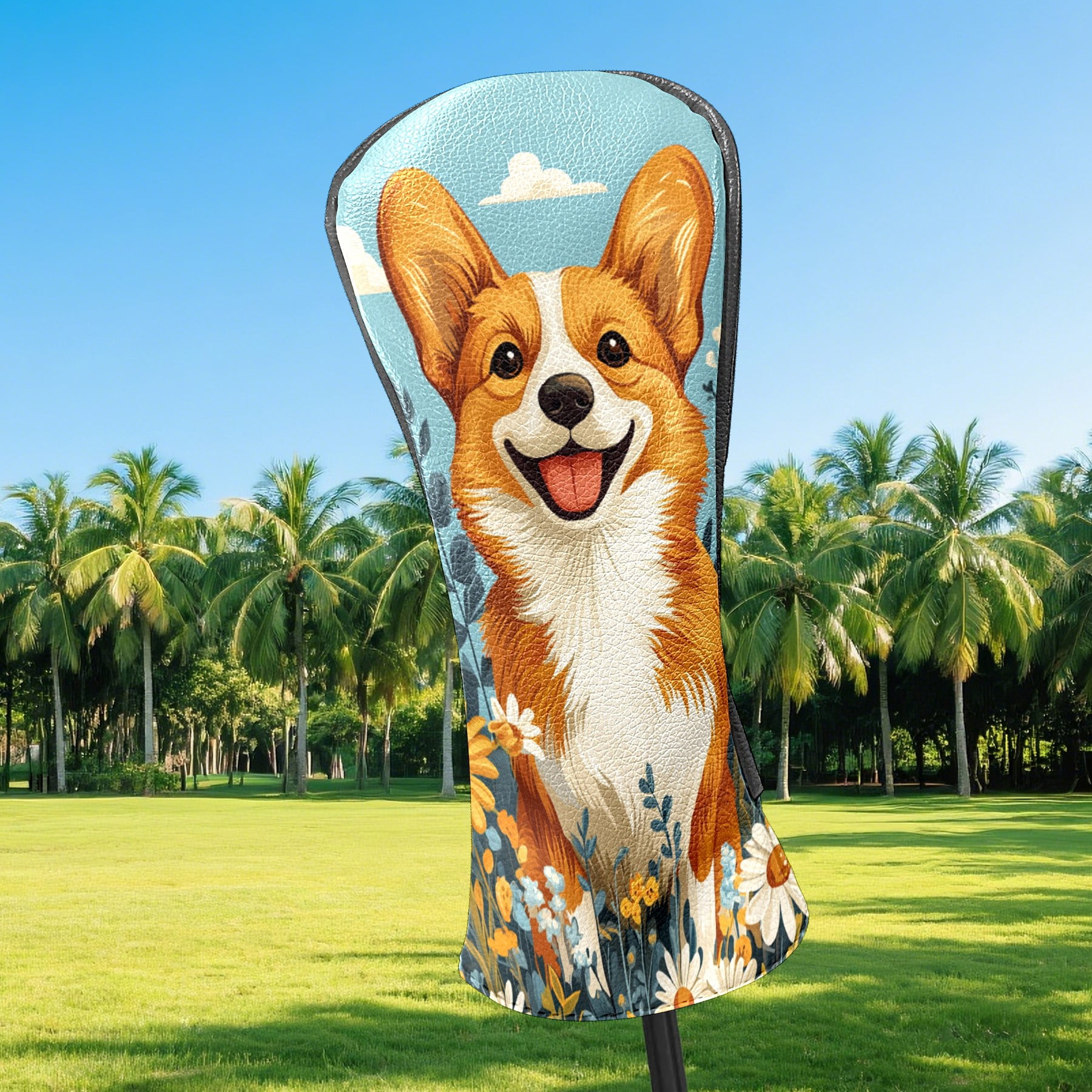 Golf Club Covers PU Leather Waterproof Head Covers for Fairway Woods Hybrids Yellow Puppy