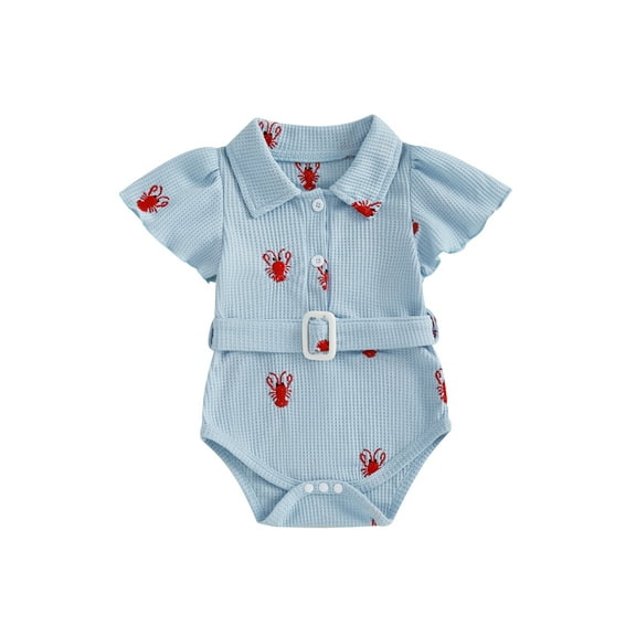 Rovasas Girl Belted Romper Short Sleeve Lapel Lobster Embroidery Jumpsuit
