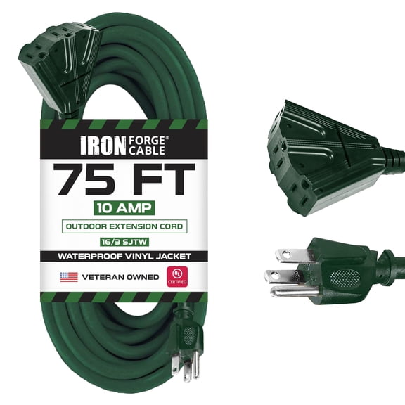Iron Forge Cable 75ft Green Outdoor Extension Cord with 3 Outlets - 16/3 SJTW 75ft Extension Cord 3 Prong, 10 Amp All-Weather Heavy Duty Power Cable