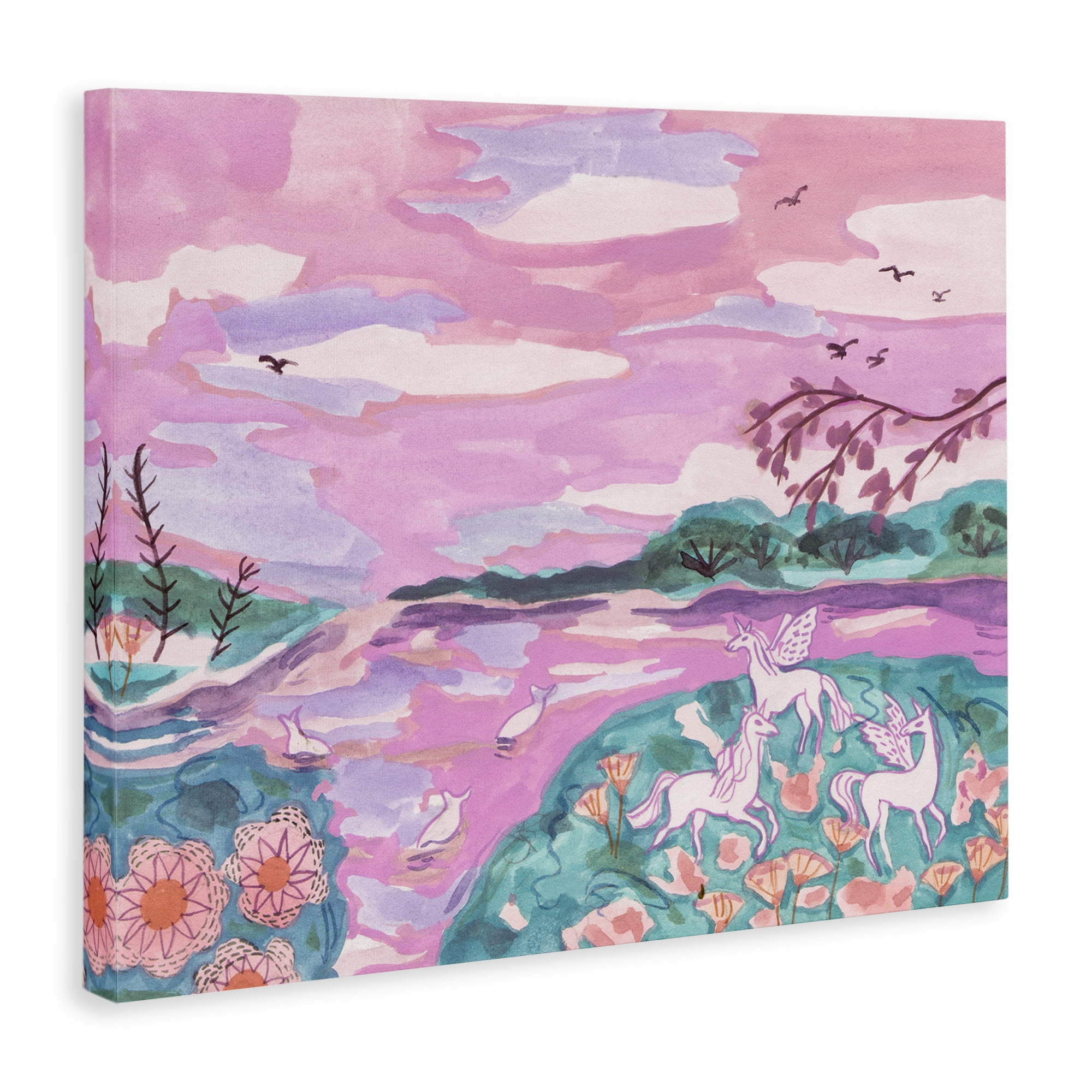 Stupell Industries Pink Whimsical Unicorns Fantasy & Sci-Fi Painting Wrapped Canvas Art Print Wall Art, 48 x 36