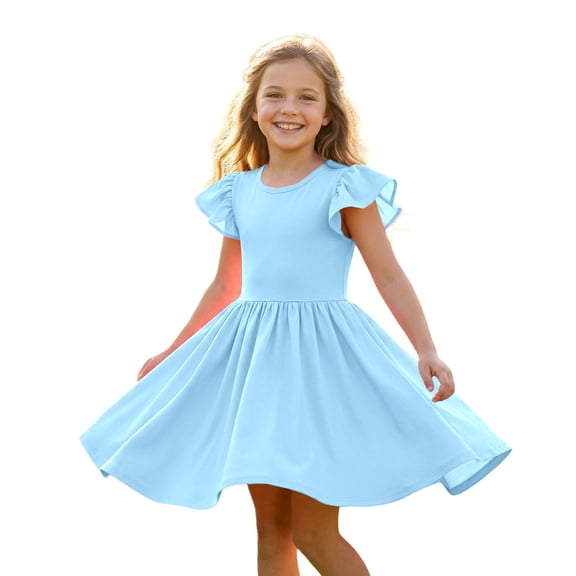 Ruyang Toddler Girls Solid Dresses Ruffle Fly Sleeve Crewneck A-line Tank Dresses Summer Casual Beach Vacation Midi Dresses