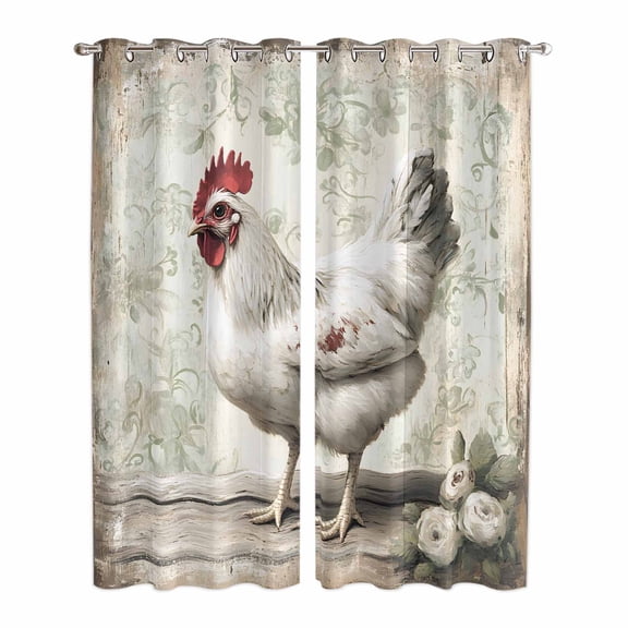 White Chicken Rustic Kitchen Curtains 84 Inch Length, Vintage Floral Oil Painting Grommet Top Bedroom Living Room Curtains, Light Filtering Cafe Curtain Drapes 2 Panels Set 84''x84''