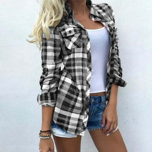 Jacenvly Womens Casual Plaid Shacket Button Down Long Sleeve Shirts New Style Womens Tops Casual Gifts for Women