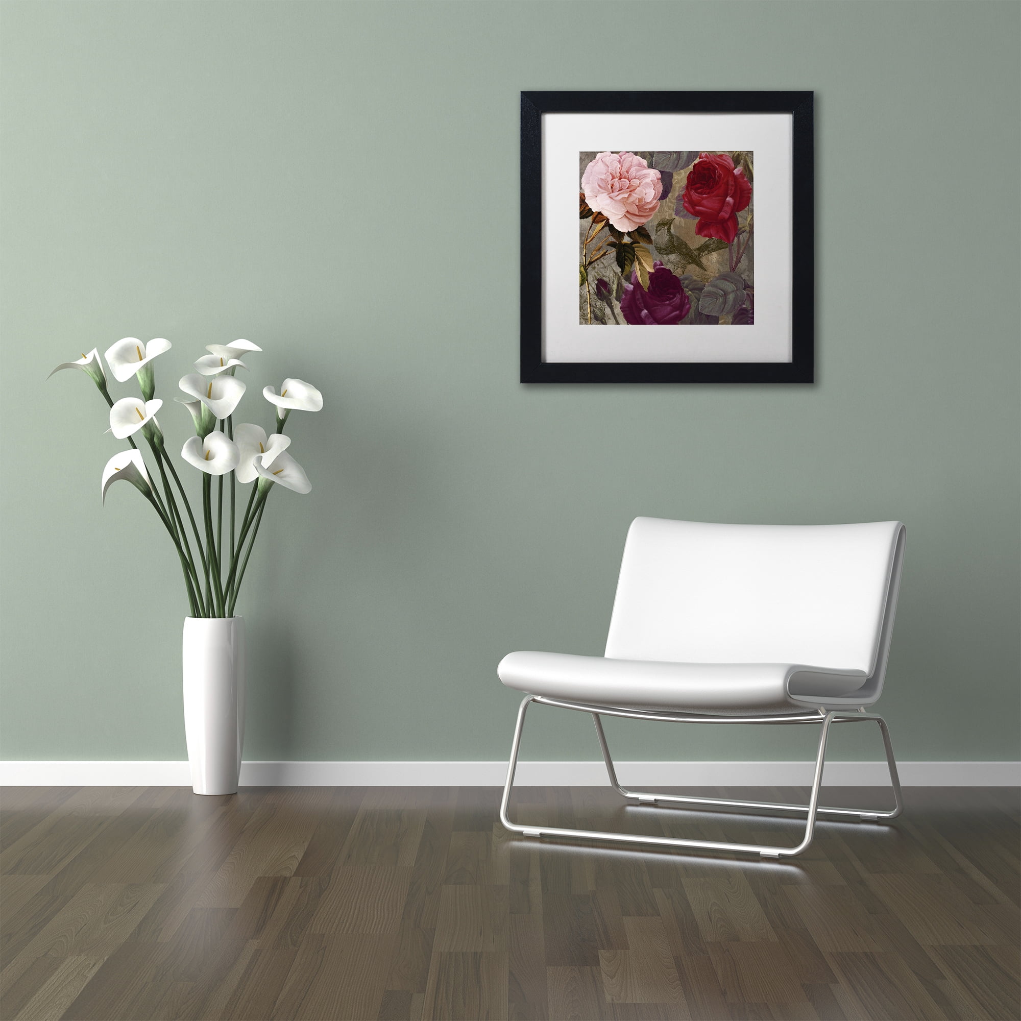 Trademark Fine Art "Birds and Roses" Canvas Art by Color Bakery White Matte, Black Frame