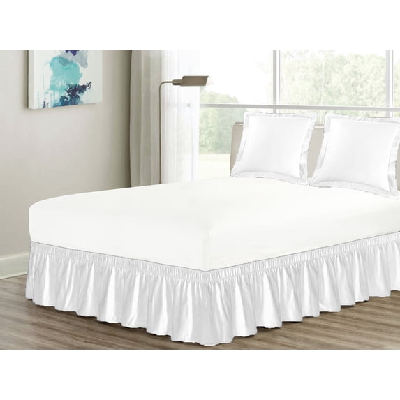 3-Piece Matching Ruffled Bed Skirt Euro Pillow Sham Pair Set King Elastic Wraparound White