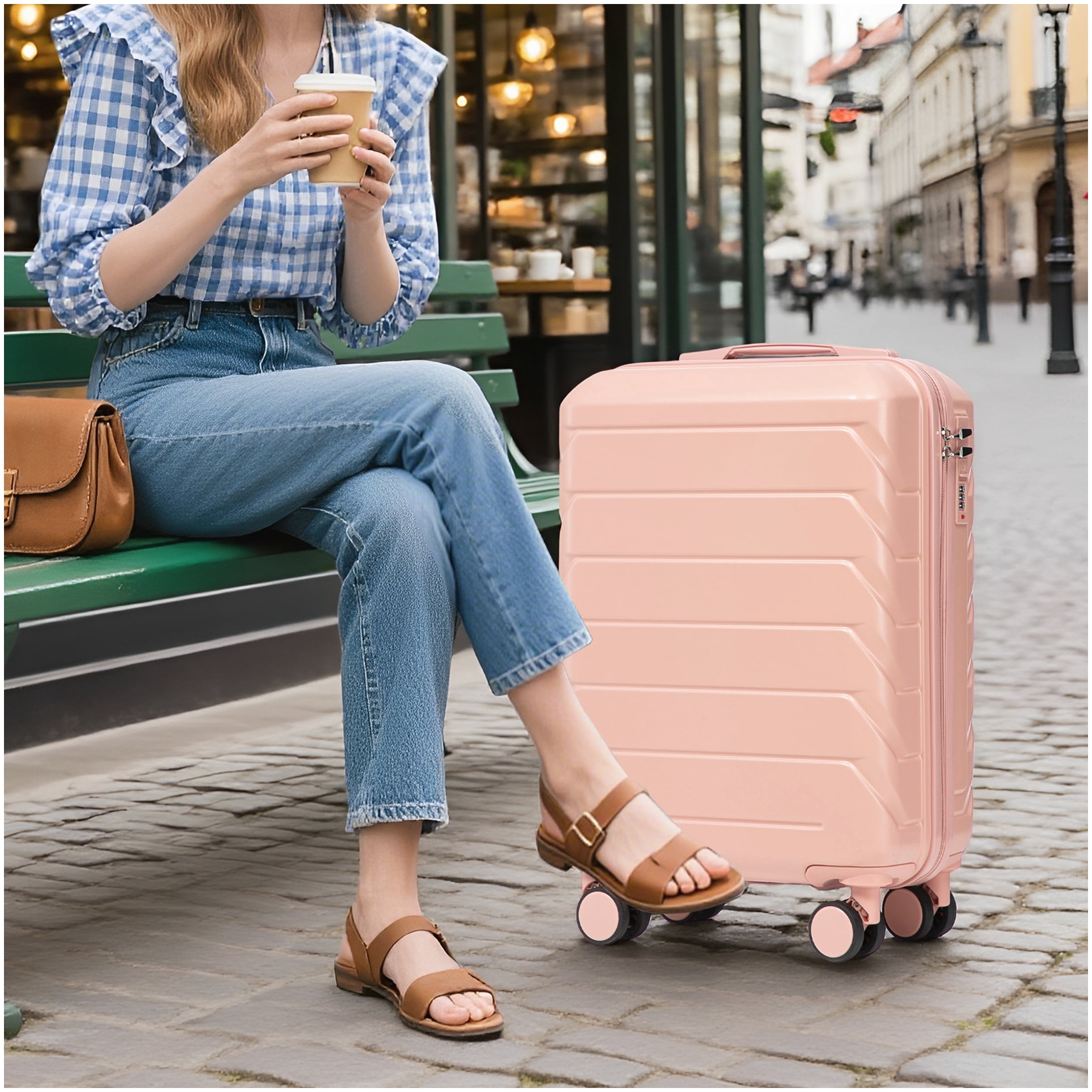 ABS Pink Spinner Luggage Set with Cosmetic Case, TSA Lock for Carry-On