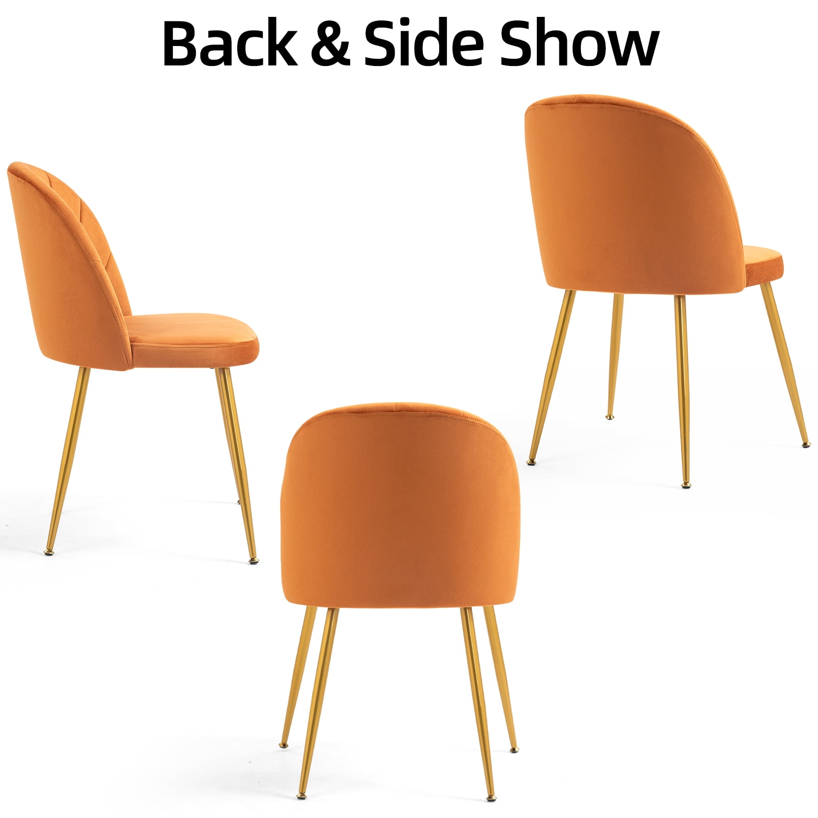 Newnno Velvet Modern Dining Chairs Set of 2, Upholstered Armless Accent Side Chair with Metal Legs for Kitchen Dining Room, Orange