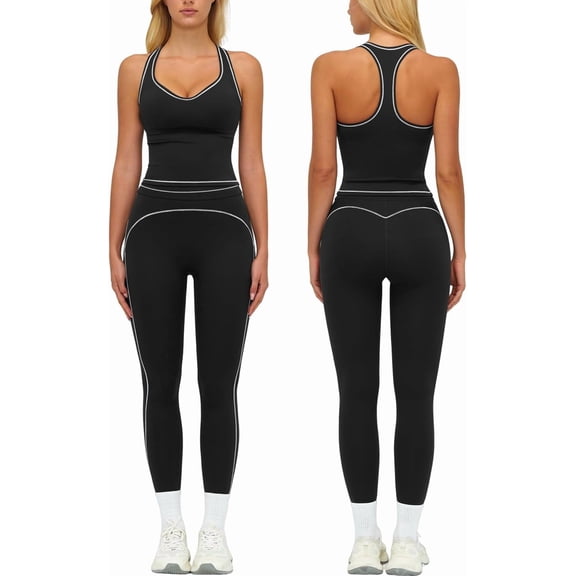 PISONIC Womens Workout Set Two Piece Racerback Color Block Tank Top Matching High Waist Leggings Gym Pilates Outfits