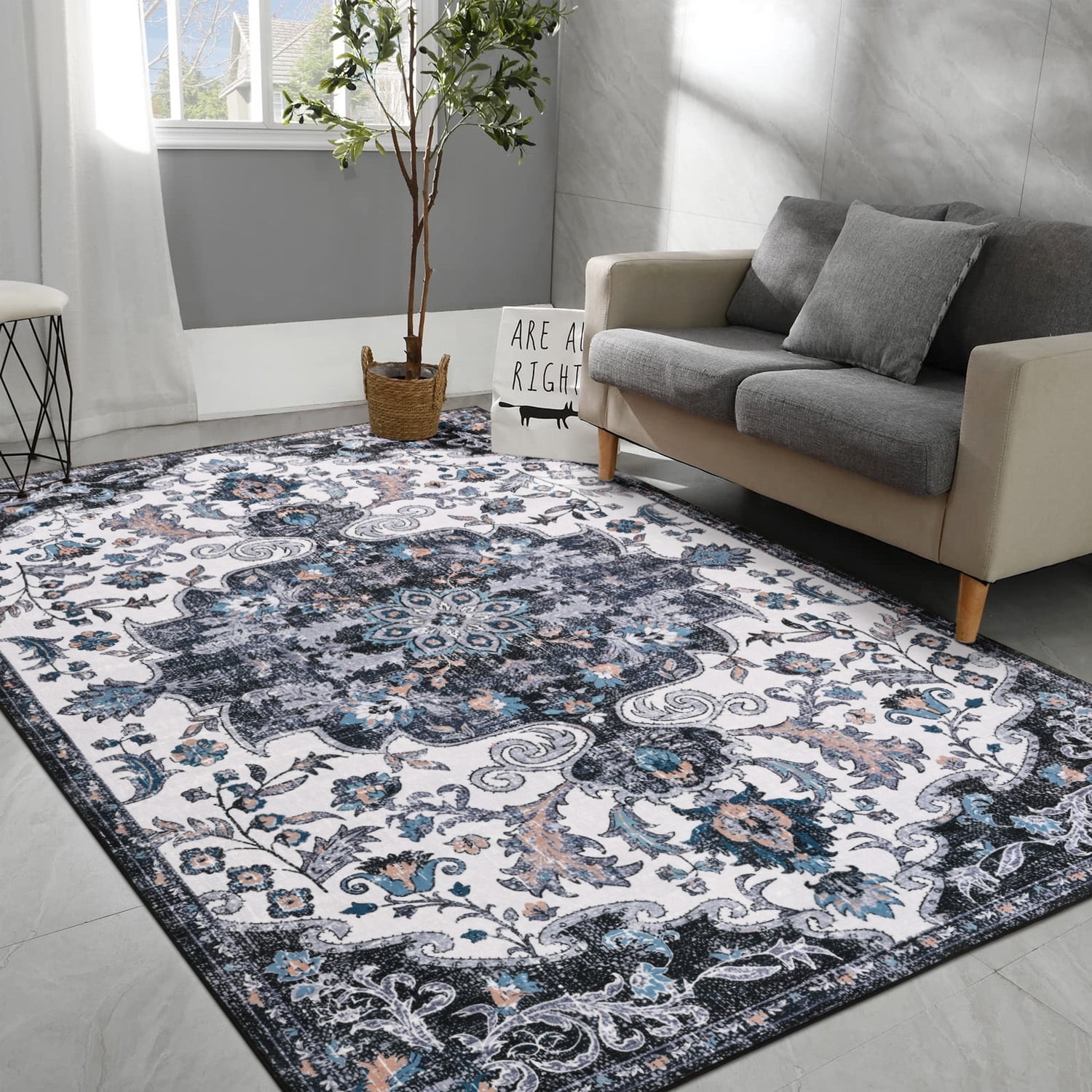 Jamfeel Soft Vintage Rugs Distressed Printed Area Rug Carpet for Living Room Bedroom Home Decor,5'x8',Black
