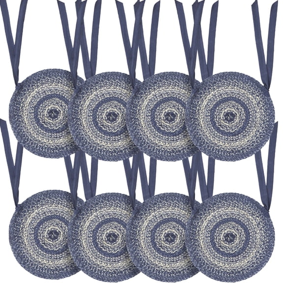 VHC Brands Great Falls Blue Round Seat Cushion Chair Pad, Blue White, Jute Blend with Ties, 15x15 Inches, Set of 8