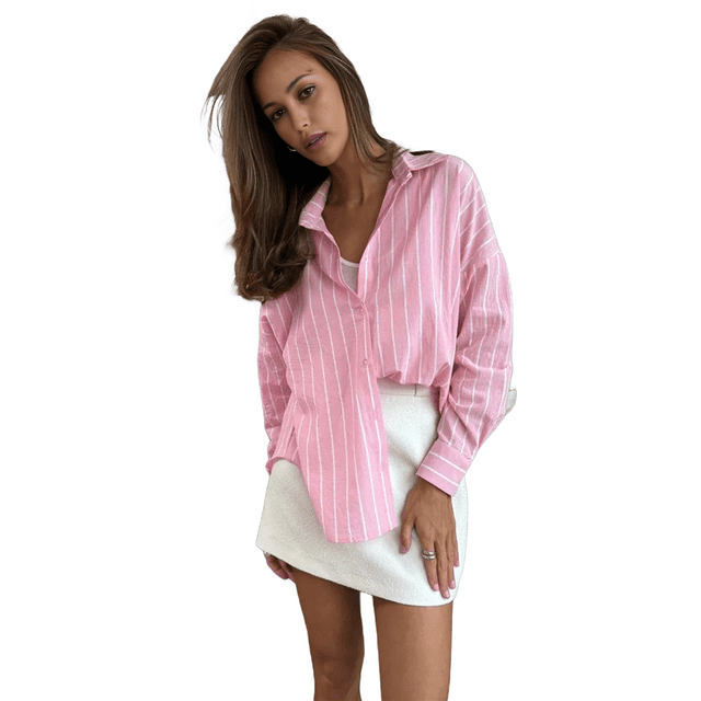 Camisas de Mujer con Botones, Blusas Clásicas A Rayas de Larga con Cuello y Bolsillo para Oficina Rosa L