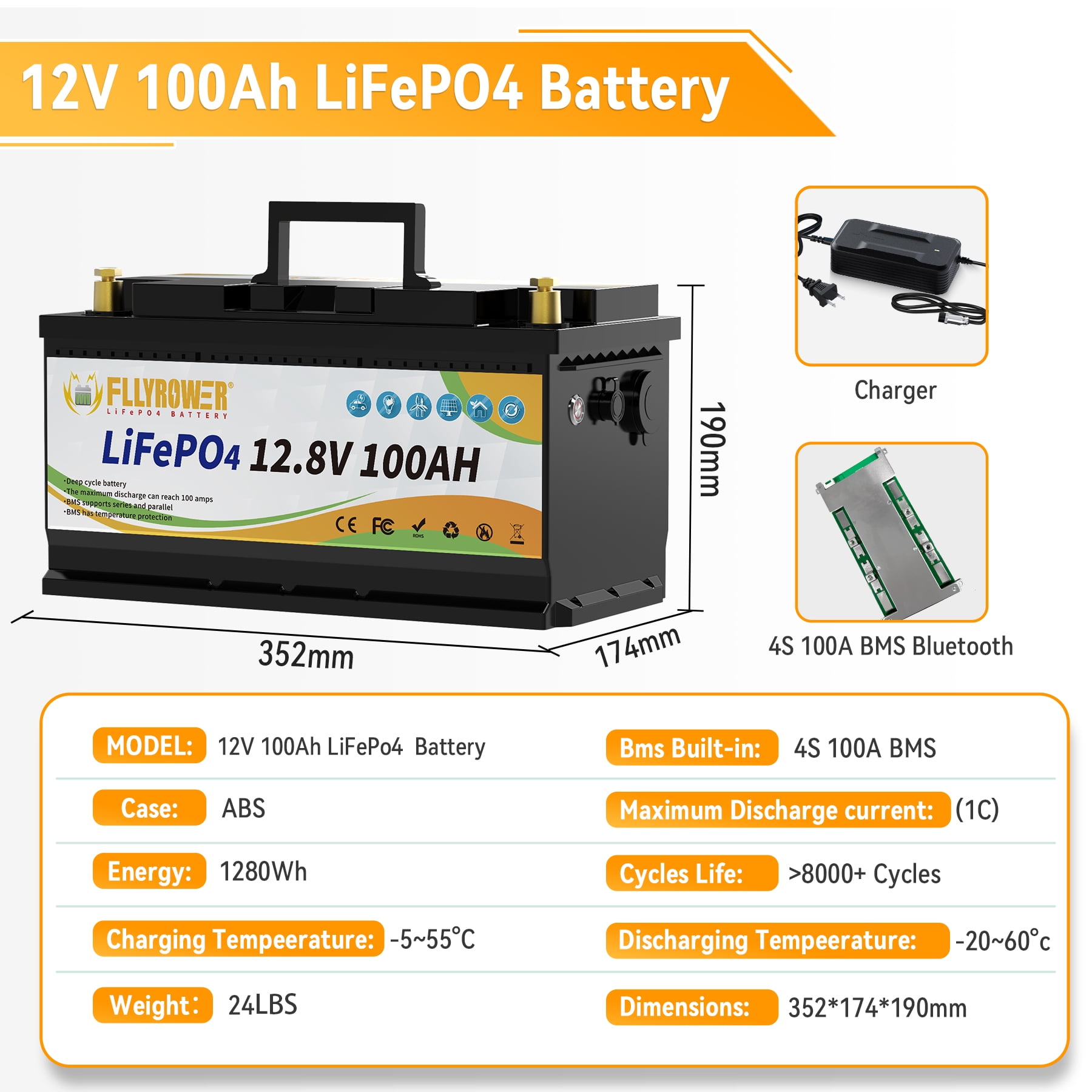 12V 100Ah LiFePO4 Lithium Battery with Charger,for RV,Marine