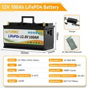 12V 100Ah LiFePO4 Lithium Battery with Charger,for RV,Marine,Solar,Trolling Motor,Camping,Home Energy Storage,Built in 100A BMS,15000+Deep Cycles