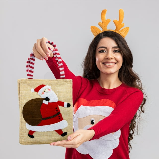 Bolsa Navideña de Yute con decoración Cosida Santa Claus