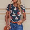 thumbnail image 4 of KLL Women 's Crew Neck Bodysuit Jumpsuits Sailboat And Wave Print Short onesies Stretch T Shirts, 4 of 5