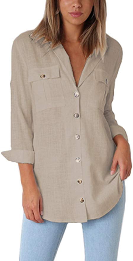 Women's Stripe Long Sleeve Shirt Plus Size V Neck Cotton Linen Blouse Vintage Loose Fit Casual Button Down Tops