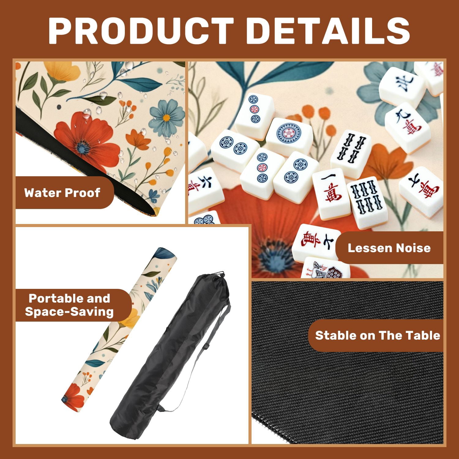 Mahjong Mat 31.5" x 31.5" Seamless Floral Colorful Hand Drawn Flowers Leaves Beige Non-Slip Noise Reduction American Mahjong Tiles Table Cover for Dominoes Poker Card Board Games Gift