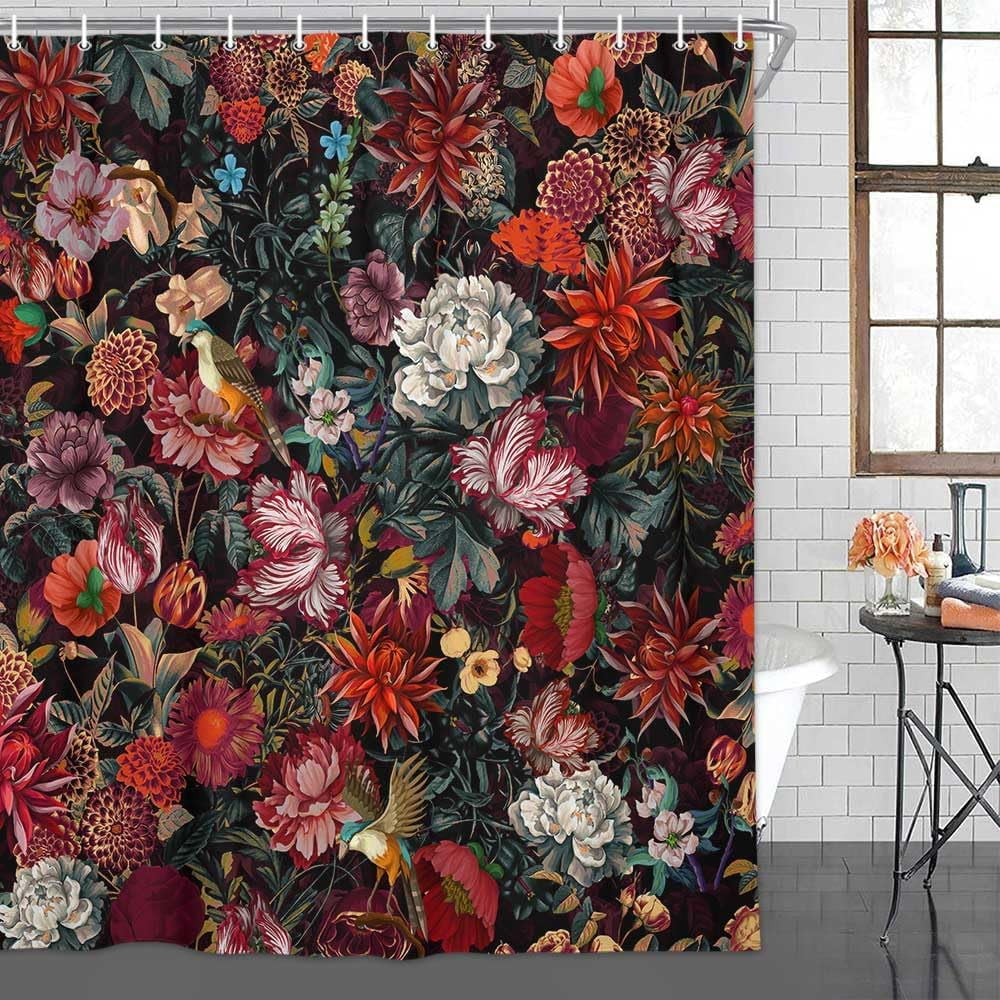 Floral Shower Curtain, Vintage Floral Shower Curtain Set Red Flower Plants Bathroom Curtain, Black Floral Boho Shower Curtain with Hooks for Bathroom Decor 47X64 Inch