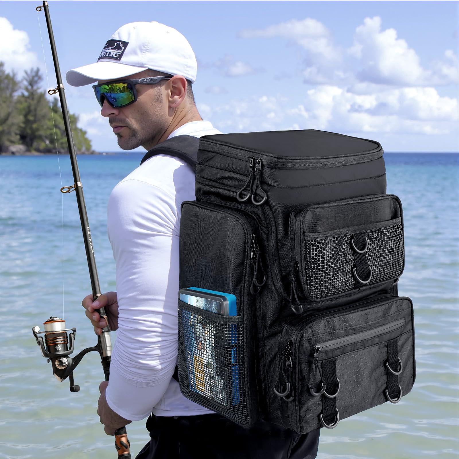 Fishing Backpack With Rod Holders Tackle Box  42l Large Water-resistant Fish Bag Store Gear