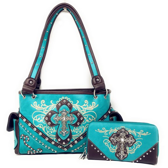 Texas West Rhinestone Women's Leather Handbag with Cross Design 8629