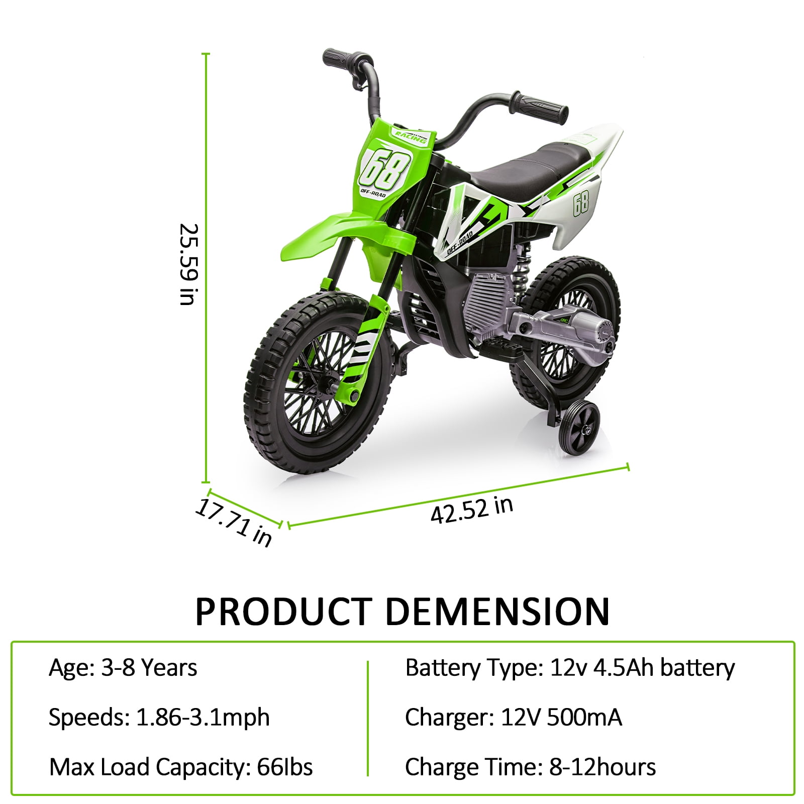 CazToi 12V Kids 3Mph Electric Motorcycle with Training Wheels & Bluetooth Music  for Ages 3-8 Years Old